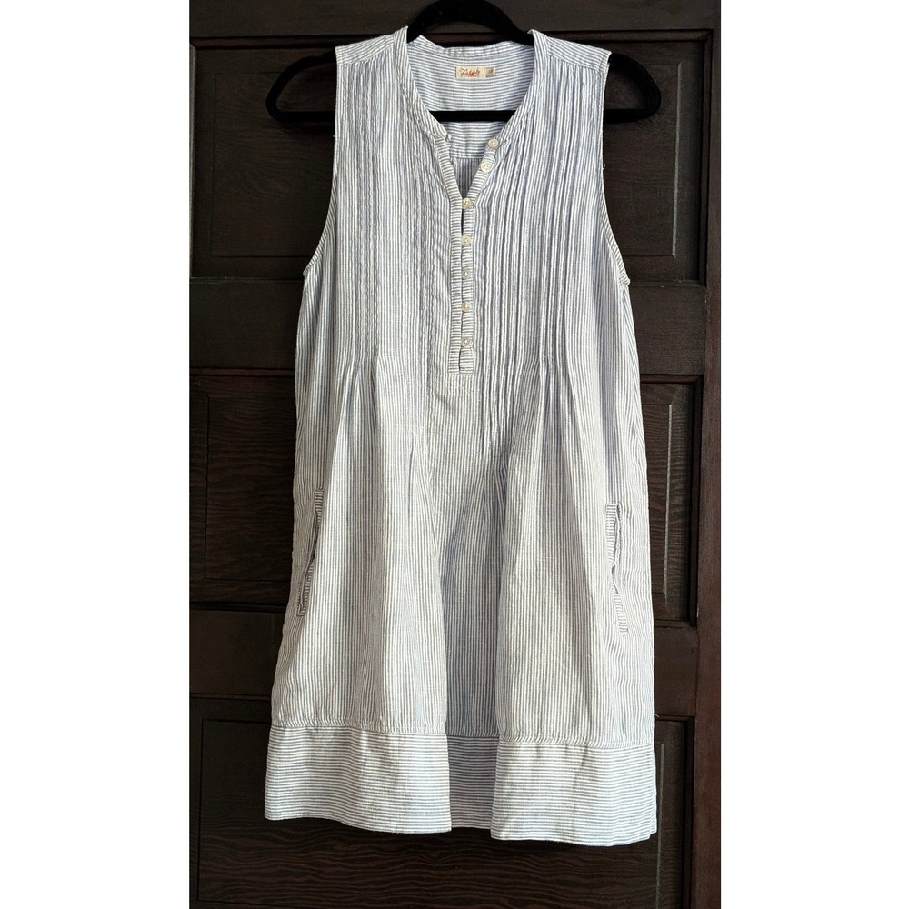 Faherty Isha 100% Linen Striped Dress Women S Blue White Pockets Coastal granola